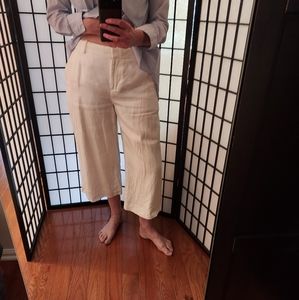 J.Crew size 8-10 white (lined) linen herringbone cropped wide pants EUC